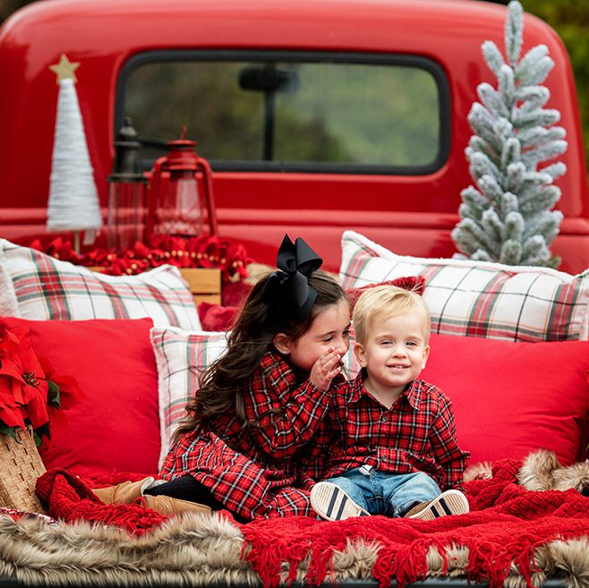 vintage red pickup truck photograph with kids for Christmas photo shoot