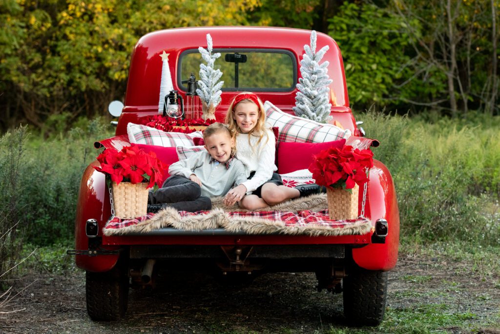 red pickup truck in new jersey for christmas photo shoot