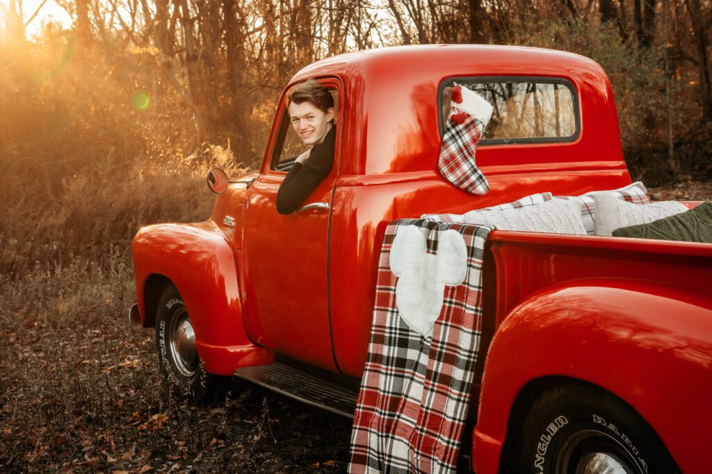 Vintage Red Pickup truck with Disney Mickey Mouse Decorations photo shoot in Bergen County NJ