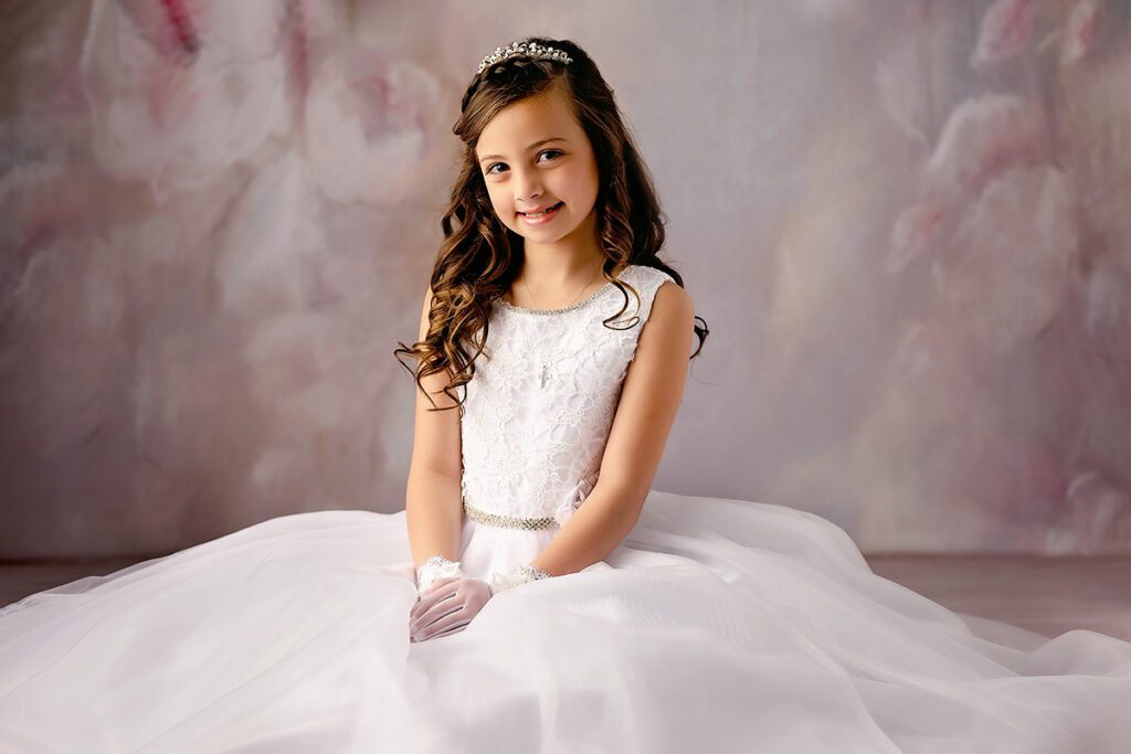 First Communion photo shoot in Studio in Bergen county NJ of girl wearing dress