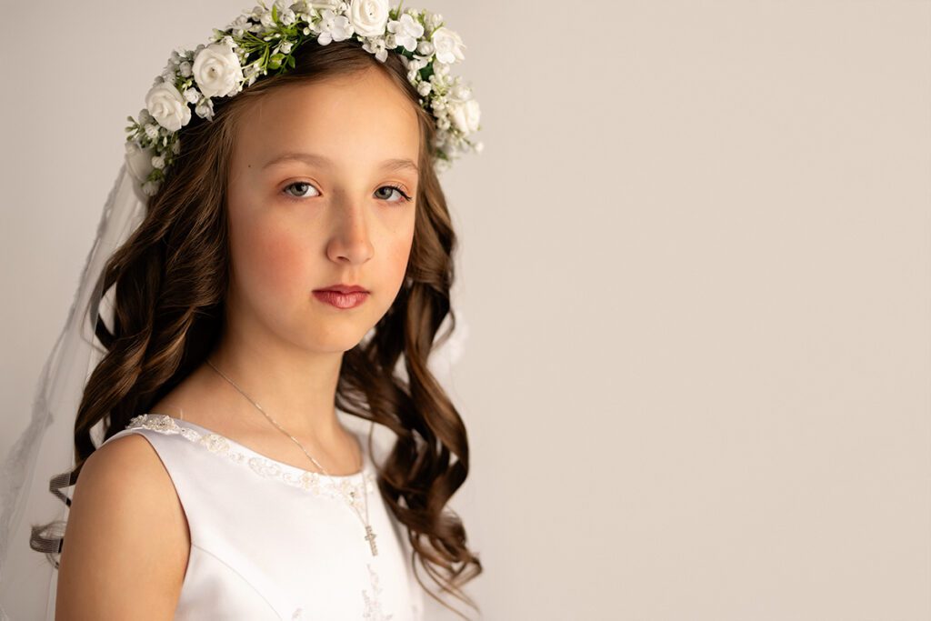 First Communion Portrait of girl in studio in New Jersey with flower crown and veil