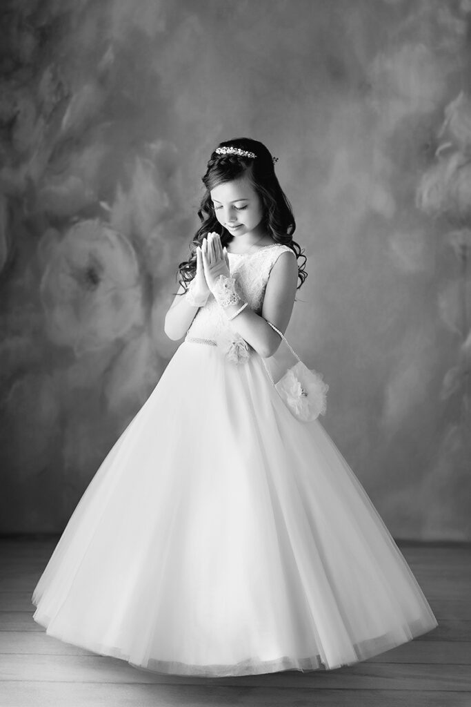 First communion portrait in Bergen County NJ in black and white photograph
