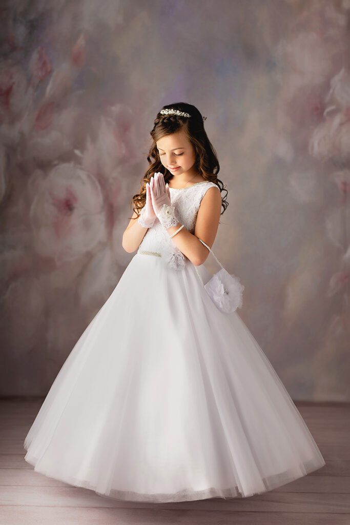 First Communion portrait in studio of girl in white dress in NJ